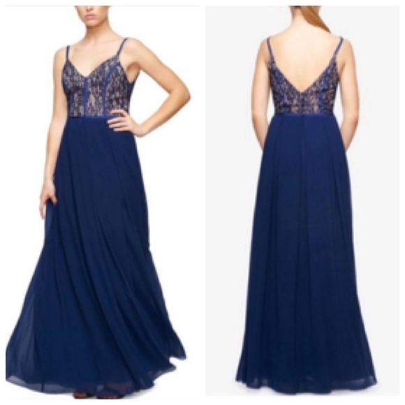 Fame and Partners Navy Lace Gown Spaghetti Strap Women’s Size 14 Grosgrain Trim - Picture 1 of 13